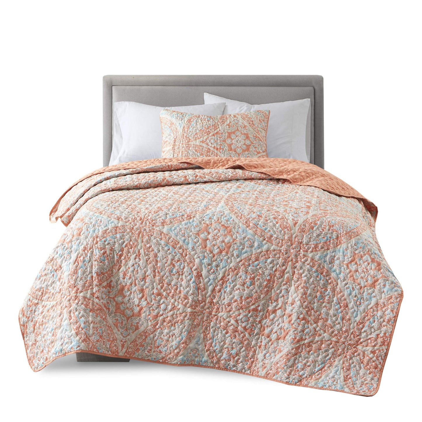 Comfort Spaces Reversible Quilt Set-Vermicelli Stitching Design All Season, Lightweight, Coverlet Bedspread Bedding, Matching Shams, Twin/Twin XL (66 in x 90 in, Gloria Damask Coral 2 Piece