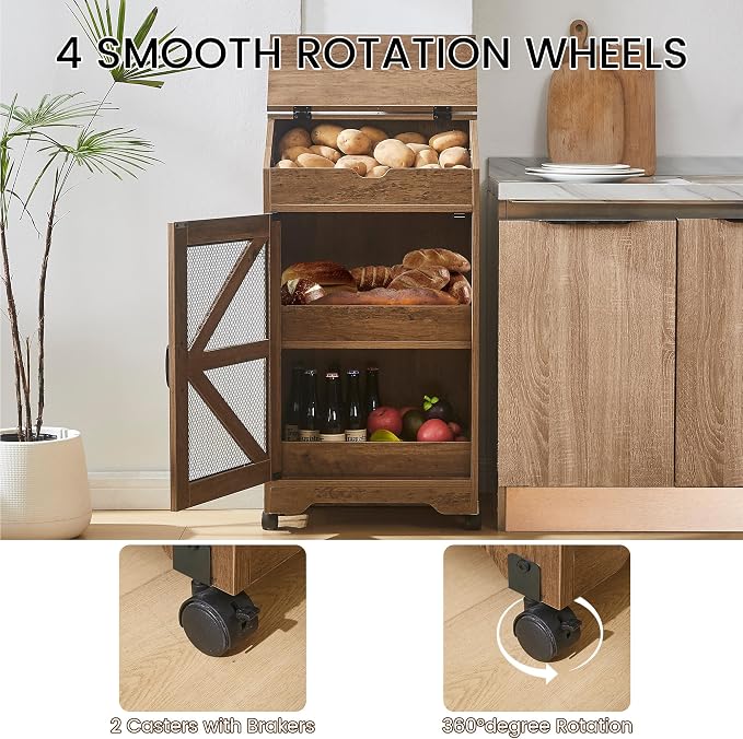 Potato Storage Bin with Wheels, Wood Potato and Onion Storage Cabinet with Lid, Movable Fruit and Vegetable Organizer Box, Large Bread Box for Kitchen