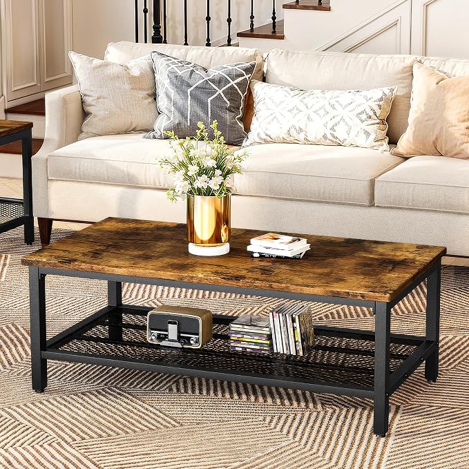AWQM Coffee Table Industrial Coffee Table with 2 Square End Side Tables, Modern Living Room Table Set with Metal Frame for Apartment Home Office, Rustic Brown Set001