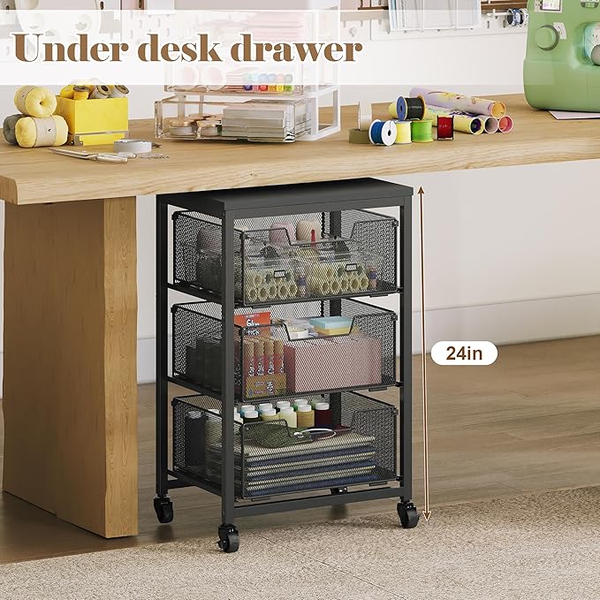 Under Desk Storage Cart with Lockable Wheels, 3-Drawer Rolling Storage Cart, Metal Utility Cart with Drawers for Art Cart, Craft Cart, Classroom, Office, Kitchen, Bedroom
