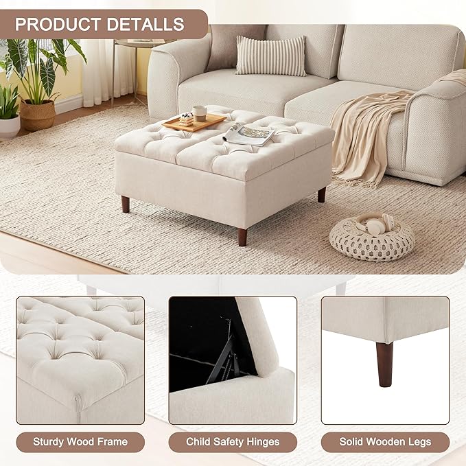 Weture 35 Inch Extra Large Storage Ottoman Coffee Table, No Assembly Required, Oversized Square Ottoman with Storage, Tufted Upholstered Ottomans Coffee Table for Living Room (Fabric, Beige)