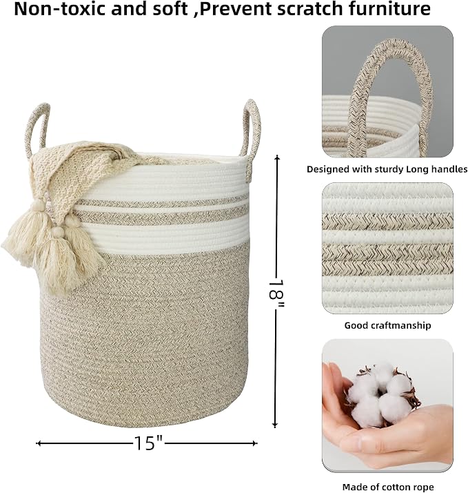 XUANGUO Cotton Rope Laundry Basket Hamper for Clothes Woven Storage Basket for Living Room Bedroom Boho Tall Rope Baskets for Blanket Toys Pillow Towels Baby Nursery Hamper Bin Large brown and white