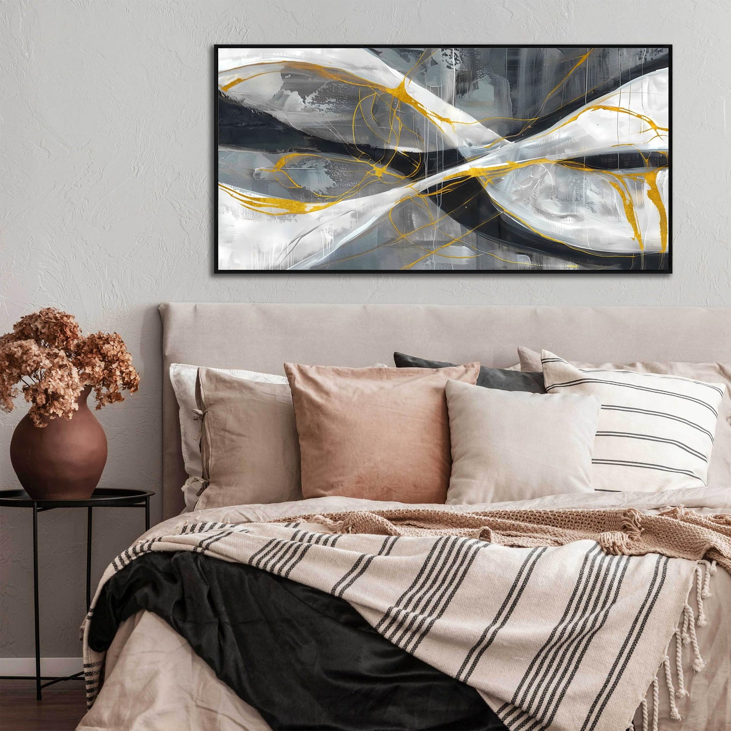 Ouzzlie Abstract Wall Decor Art Modern Canvas Picture Black White and Gold Wall Art for Bedroom Office Decoration 24" x 48"