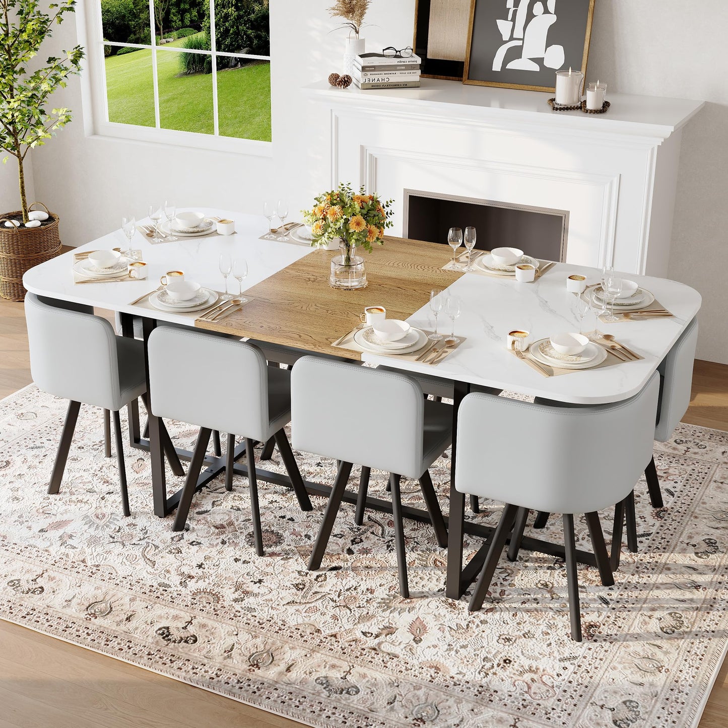 KEIKI 79" Dining Table Set for 8, Rectangular Kitchen Table Set with White Faux Marble & Wood Grain Top, Modern Dining Room Set with 8 Gray PU Leather Chairs, Large Family Dining Table Furniture