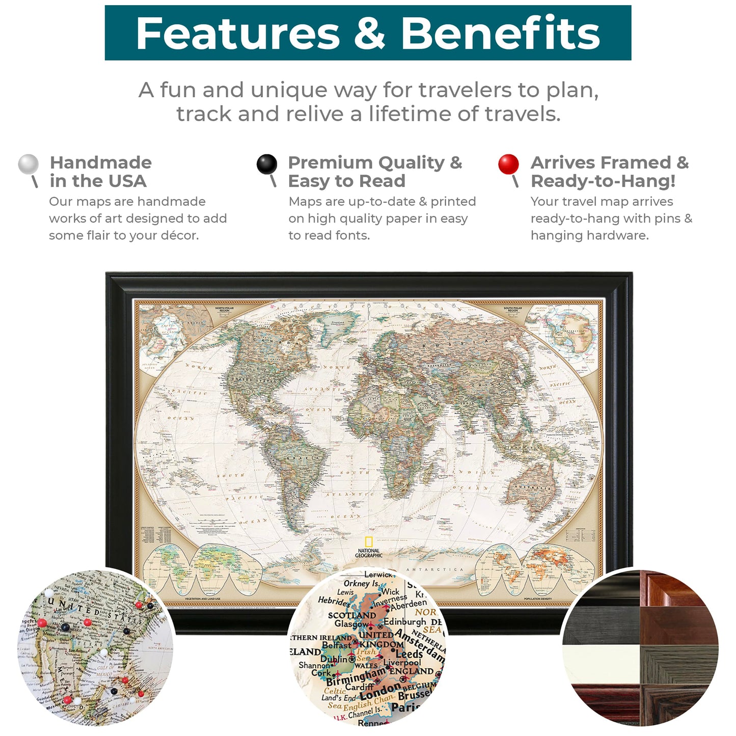 Push Pin Travel Maps Customizable Wall Art - Executive World - Rustic Brown - Framed Pin Map, Includes 150 Pins - Handcrafted in USA - 27.5" x 39.5"