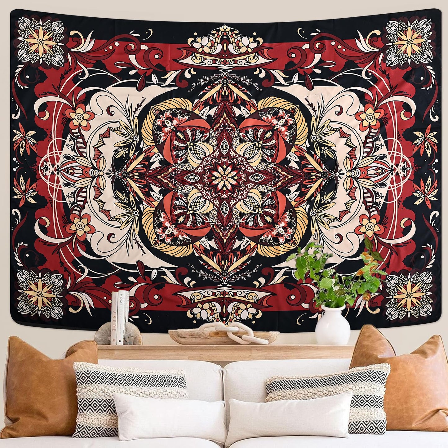 CHDGDHC Boho Mandala Moth Tapestry,Hippie Floral Aesthetic Wall Tapestries, Psychedelic Aesthetic Decor, Large Tapestry for Bedrooms, Living Rooms, and Dorms-59.1x49.2 Inch