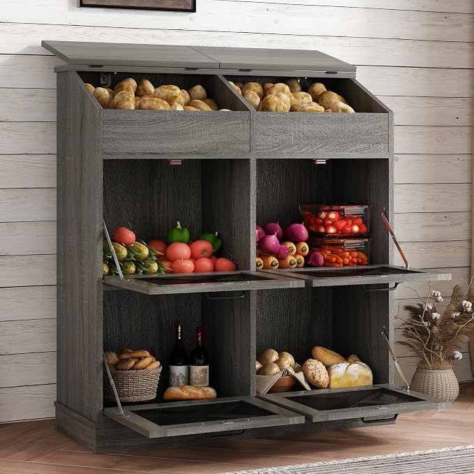 Potato And Onion Storage Bin with Lid,Veggie Bin W/6 Large Storage Box.Root Vegetable Storage Box For Kitchen,Farmhouse Potato Storage Bin W/4 Mesh Doors,Bread Keeper for Toast,Bagel,Donut,Cookies