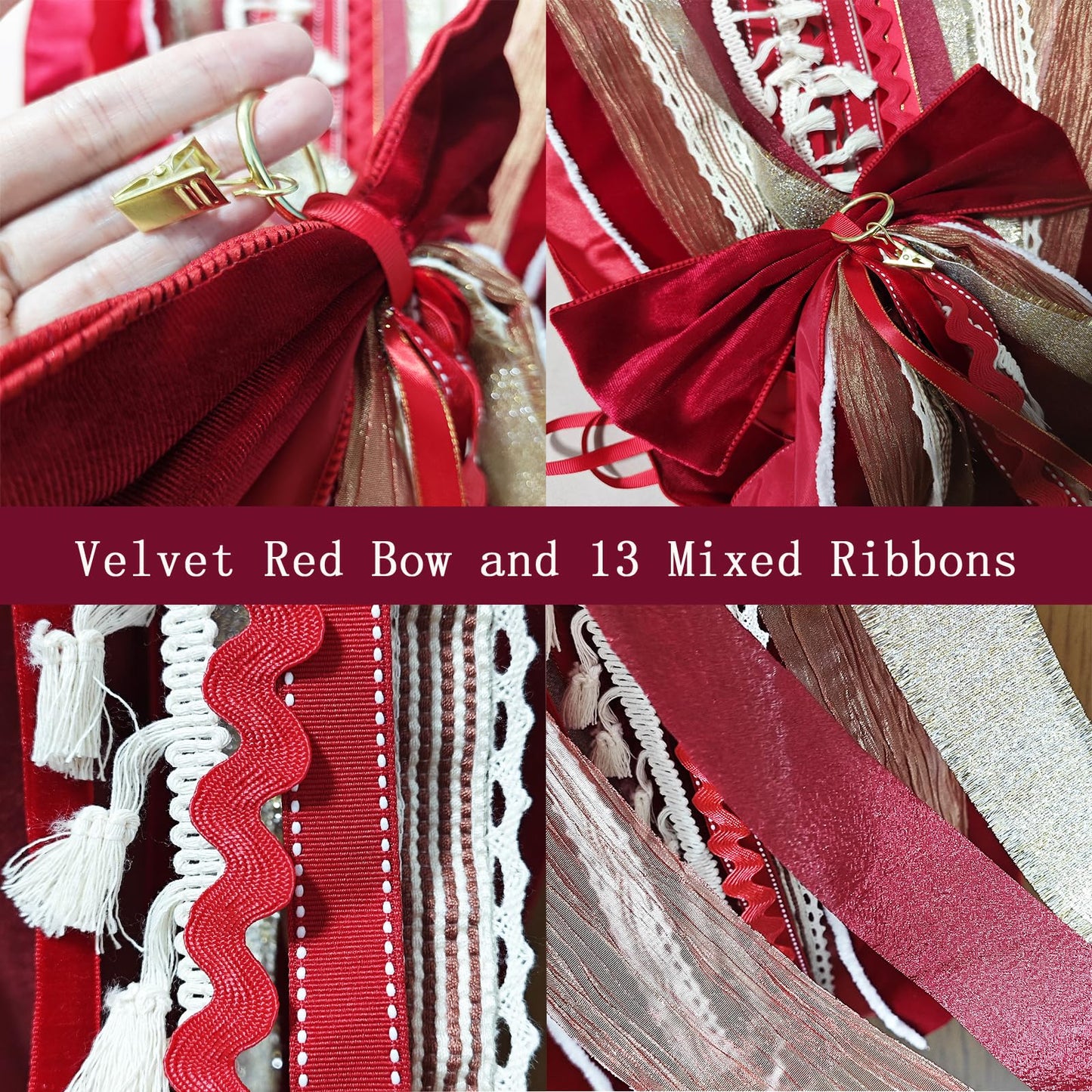 Red and Creamy White Ribbon Bundle with Bow, Clip-On Wreath Sash Ribbons Tree Topper Bow for Christmas Valentine's Day Patriotic Decorations - Indoor & Outdoor Use