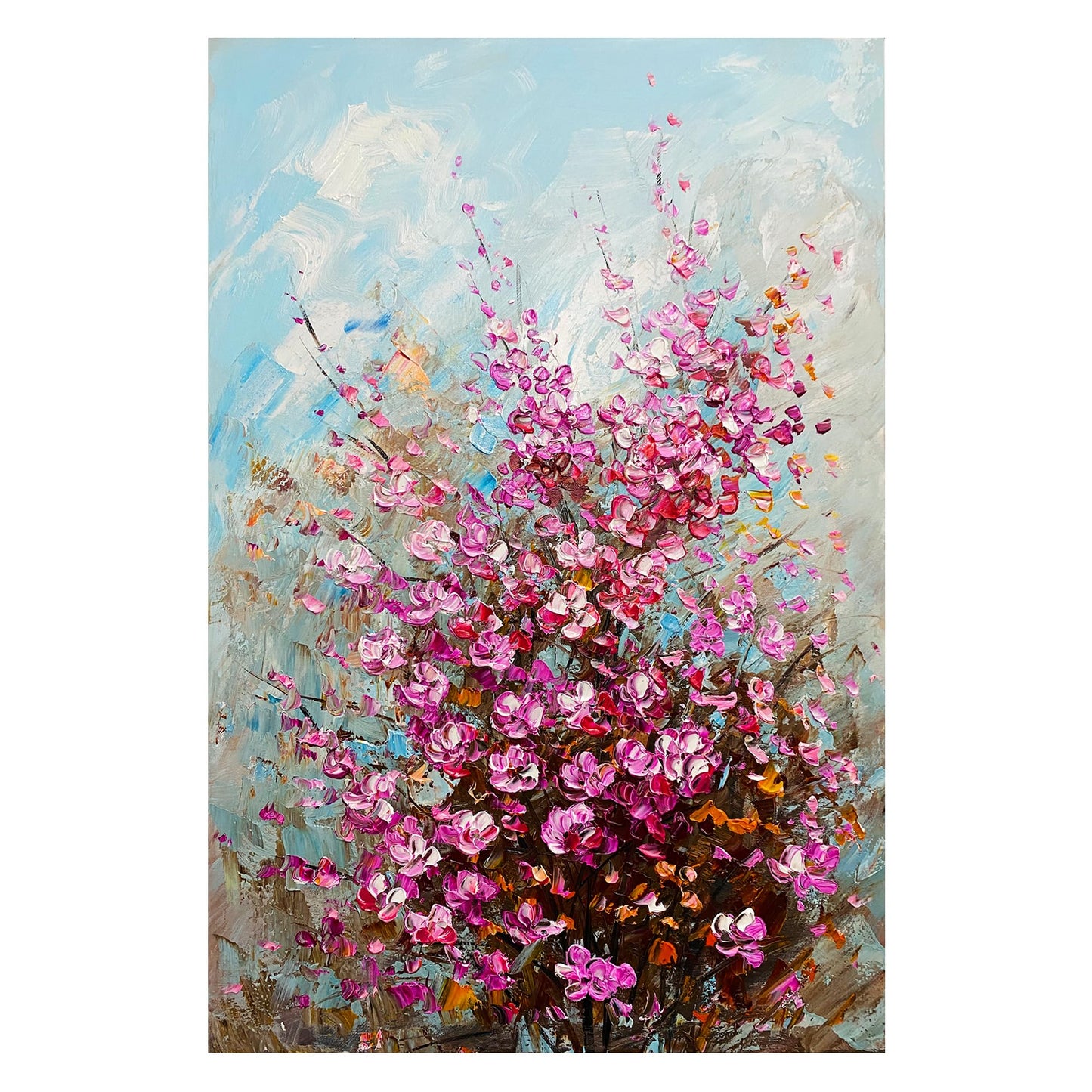 Hand-Painted Pink Purple Blooming Flower Oil Painting, Gallery Wrapped Framed 3D Textured Wall Art, Ready to Hang(24x36 inches)