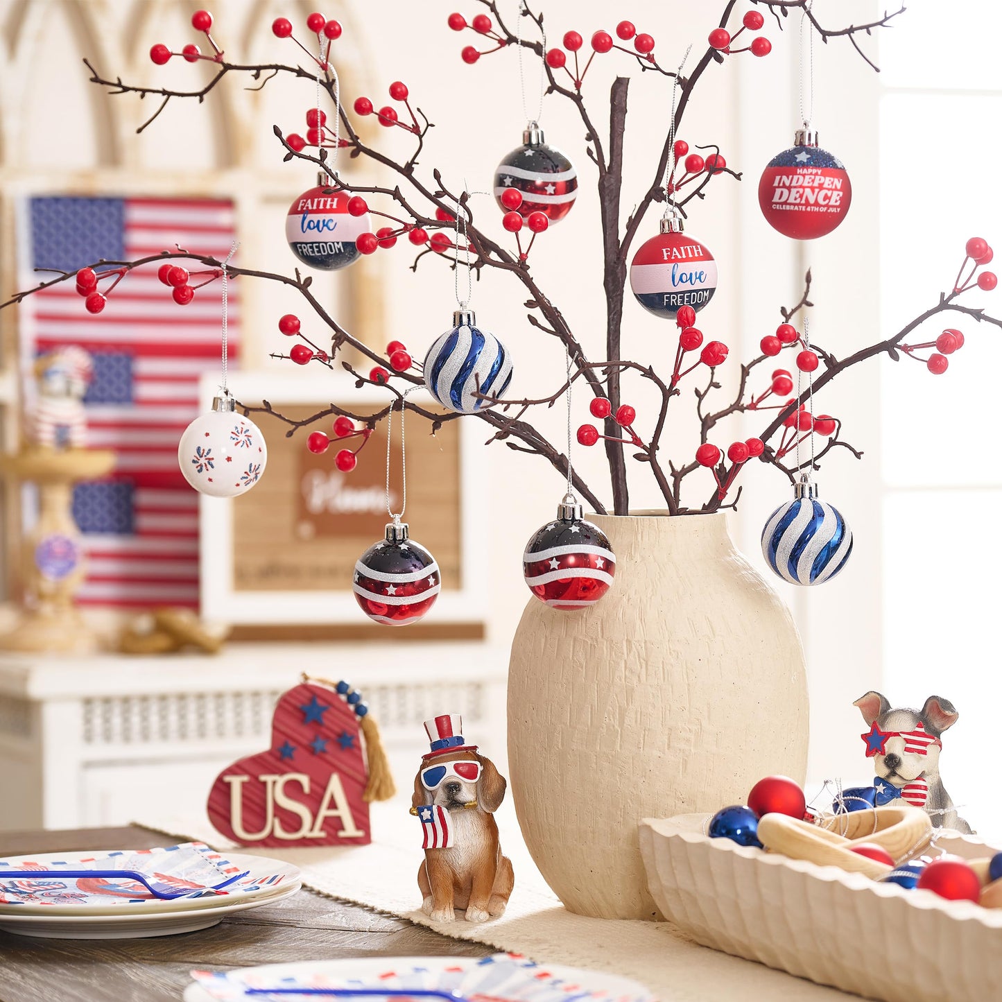 Valery Madelyn 4th of July Tree Decorations for Patriotic Memorial Day Ornaments, 16ct 2 Inches Red White Blue Shatterproof Americana Hanging Ball Decor for Independence Day USA 250th Anniversary