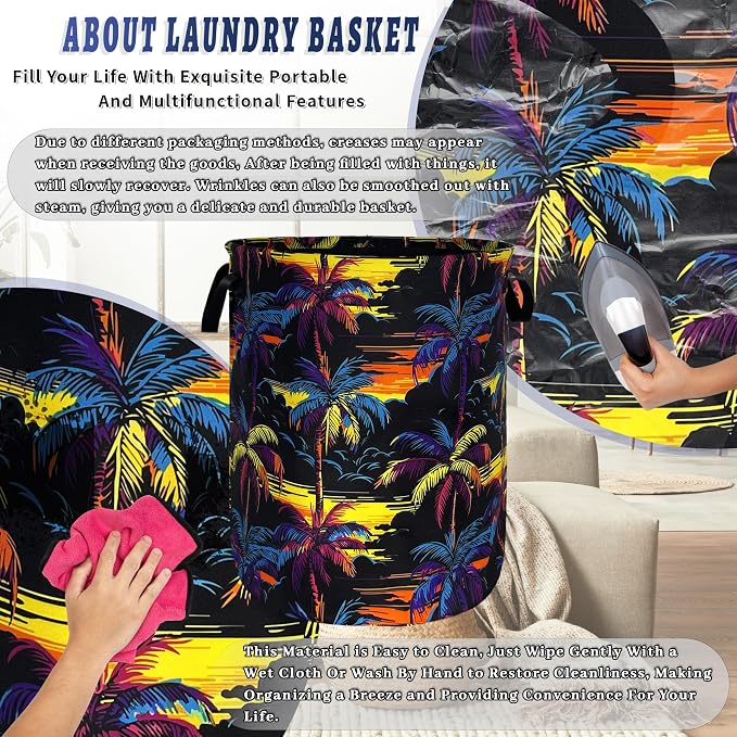 Colorful Palm Tree Laundry Basket Foldable Oxford Cloth Hawaii Laundry Hamper With Handle Portable Clothes Storage Organizer Basket 18.9"x16.5" Storage Bag For Laundry Room/Bathroom/Bedroom