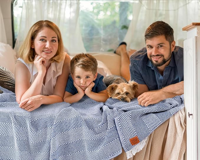 Gold Case Throw Blanket for Bed - 100% Recycled Turkish Cotton Blanket - Retro Lightweight Soft Throw Blankets for Bed & Living Room - Queen Size Cozy Blankets - 90x90 - Navy Blue
