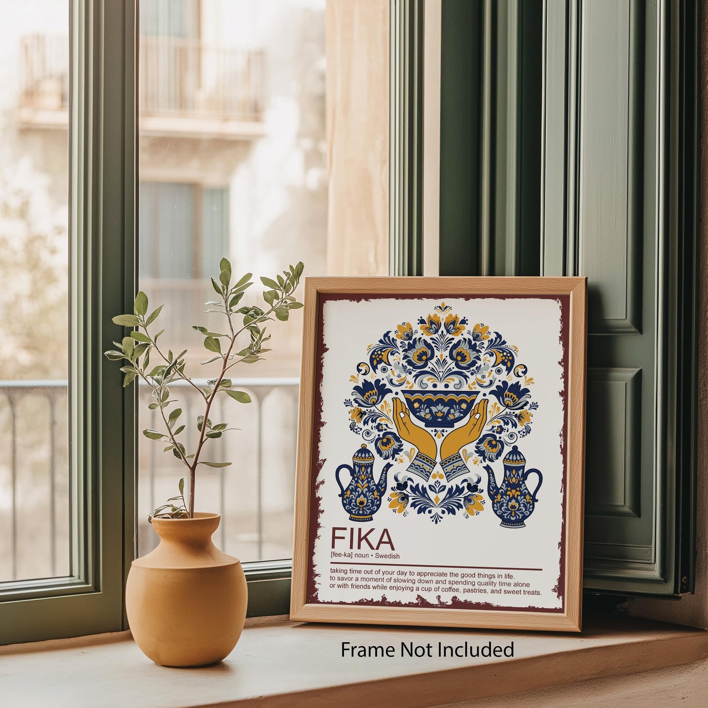 Moments of Warmth and Fika - Scandinavian Wall Decor Poster - 8x10 Unframed Swedish Folk Art Print for Kitchen Living Room Office - Nordic Home Gift for Women Christmas Midsummer or Rustic Cozy Décor