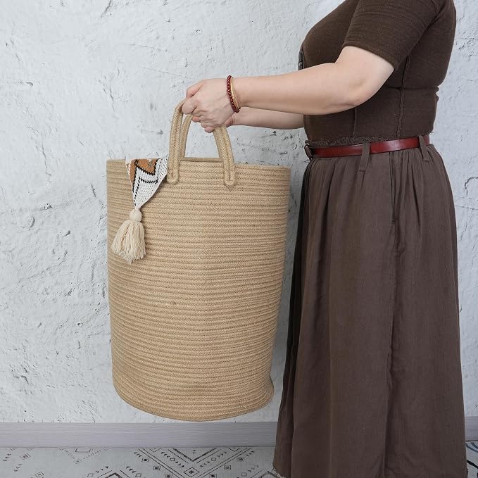 XUANGUO Cotton Rope Laundry Basket Hamper for Clothes Woven Storage Basket for Living Room Bedroom Boho Tall Rope Baskets for Blanket Toys Pillow Towels Baby Nursery Hamper Bin Large jute