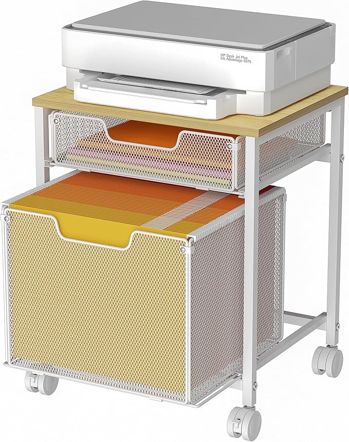 Tiaoheka Rolling File Cabinet Cart, Printer Stand with Storage Drawer, Mobile Filing Cabinet on Lockable Wheel, Hanging File Folder Organizer Beside Under Desk for Office Home, White (Patent Pending)