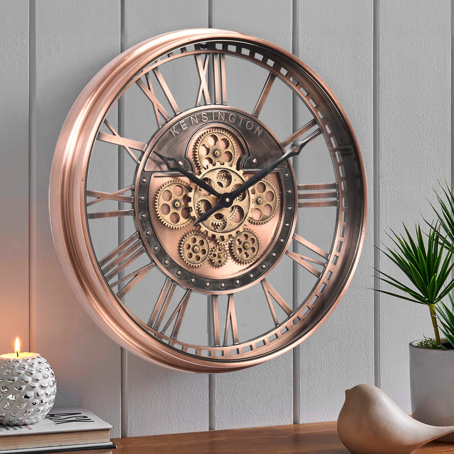 CLXEAST 21 Inch Large Roman Numeral Wall Clock with Moving Gears,Farmhouse Copper Rose Gold/Copper Metal Wall Clocks for Living Room Decor,House Warming Gifts New Home