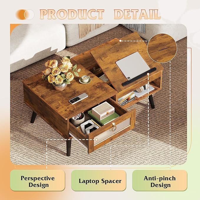 WLIVE Coffee Table, Lift Top Coffee Table with Storage Shelf, Drawer, Height Adjustable and Tilting Tabletop for Living Room, Mid Century Modern, Wood, Rustic Brown