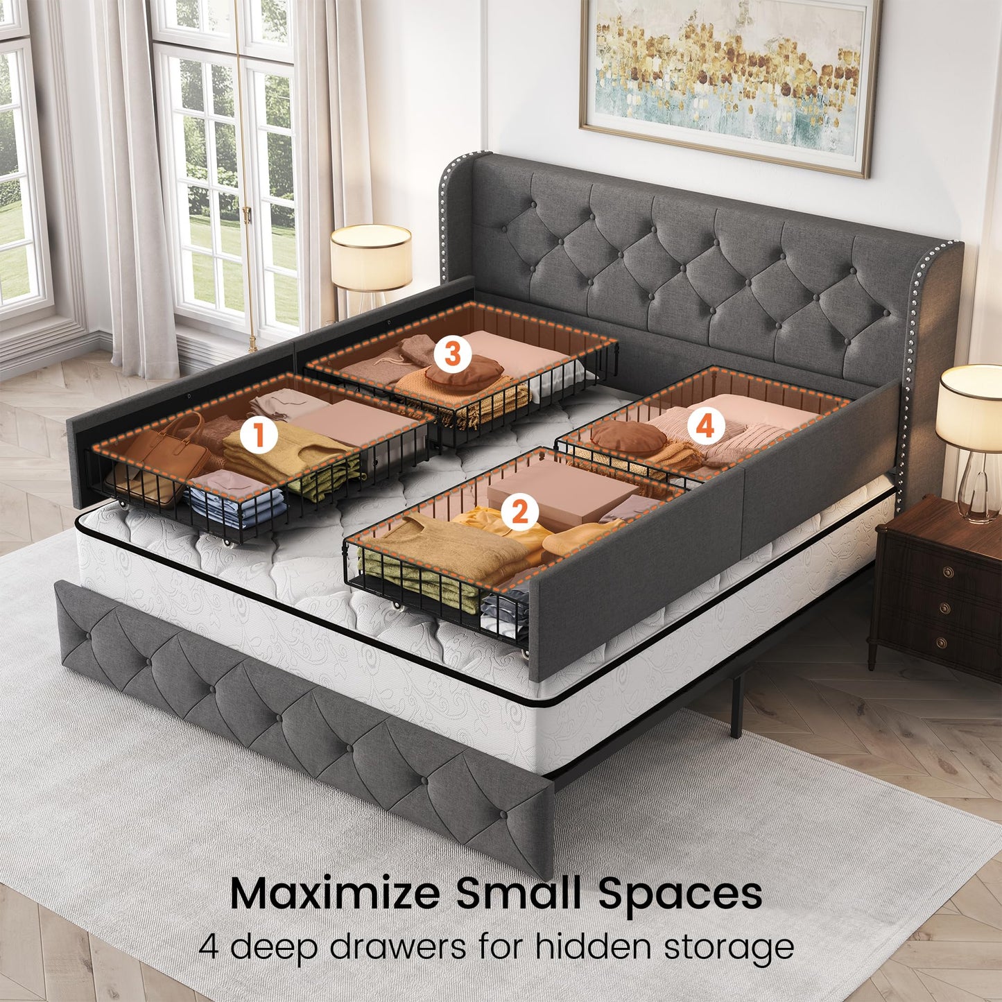 LARMACE Queen Size Platform Bed Frame with 4 Storage Drawers and 47.2" Tall Tufted Headboard Linen Upholstered Bed Wingback Bed Frame with Wooden Slats Support, Easy Assembly, Light Grey