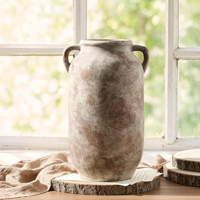 Large Flower Vase Home Decor - Tall Ceramic Farmhouse Rustic Table Vases with Handle Living Room Decoration Decorative Modern Vintage for Floor Kitchen Shelf Coffee Dining Desk Fireplace (12" Retro)
