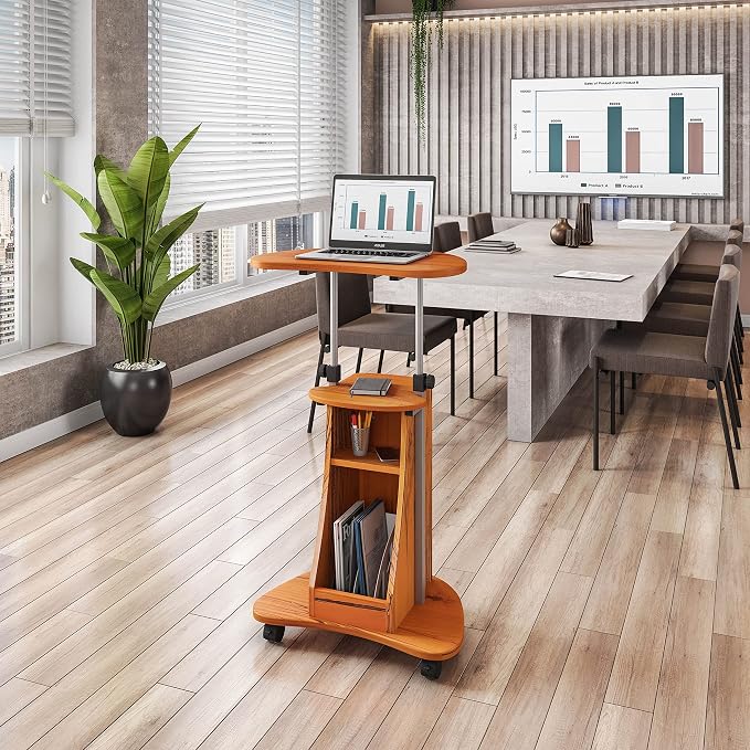 Adjustable Height Laptop Cart With Storage. Color: Woodgrain
