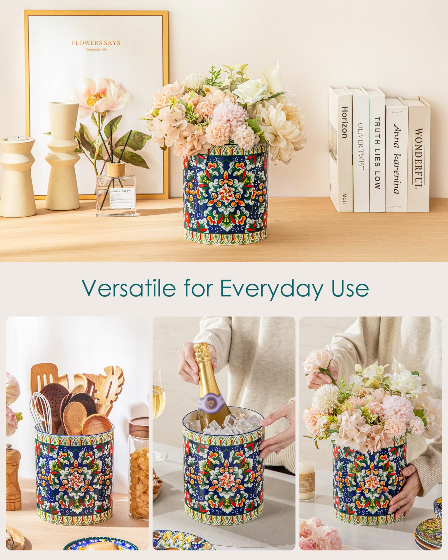 vancasso SIMI Utensil Holder, 7.3"+5.5" Porcelain Kitchen Utensil Holder for Countertop, Bohemian Kitchen Utensil Organizer for Spatulas, Spoons, Decorative Counter Utensil Crock, Verdant Jewel