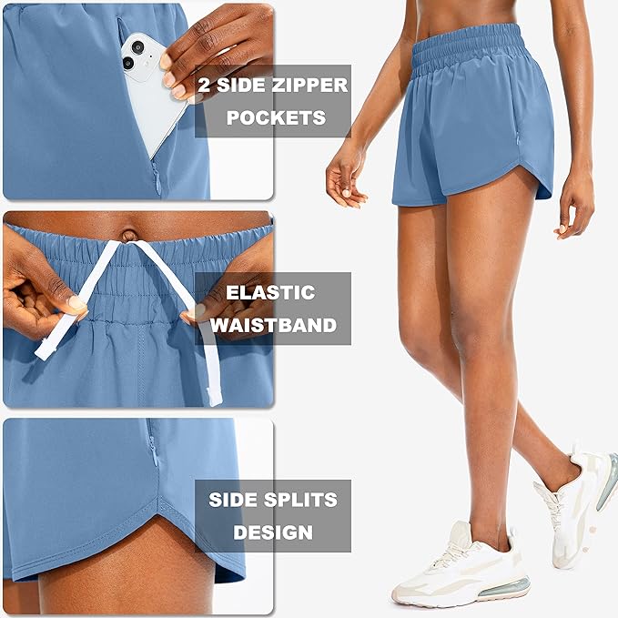 SANTINY Women's Running Shorts with Zip Pockets High Waisted Athletic Workout Gym Shorts for Women with Liner