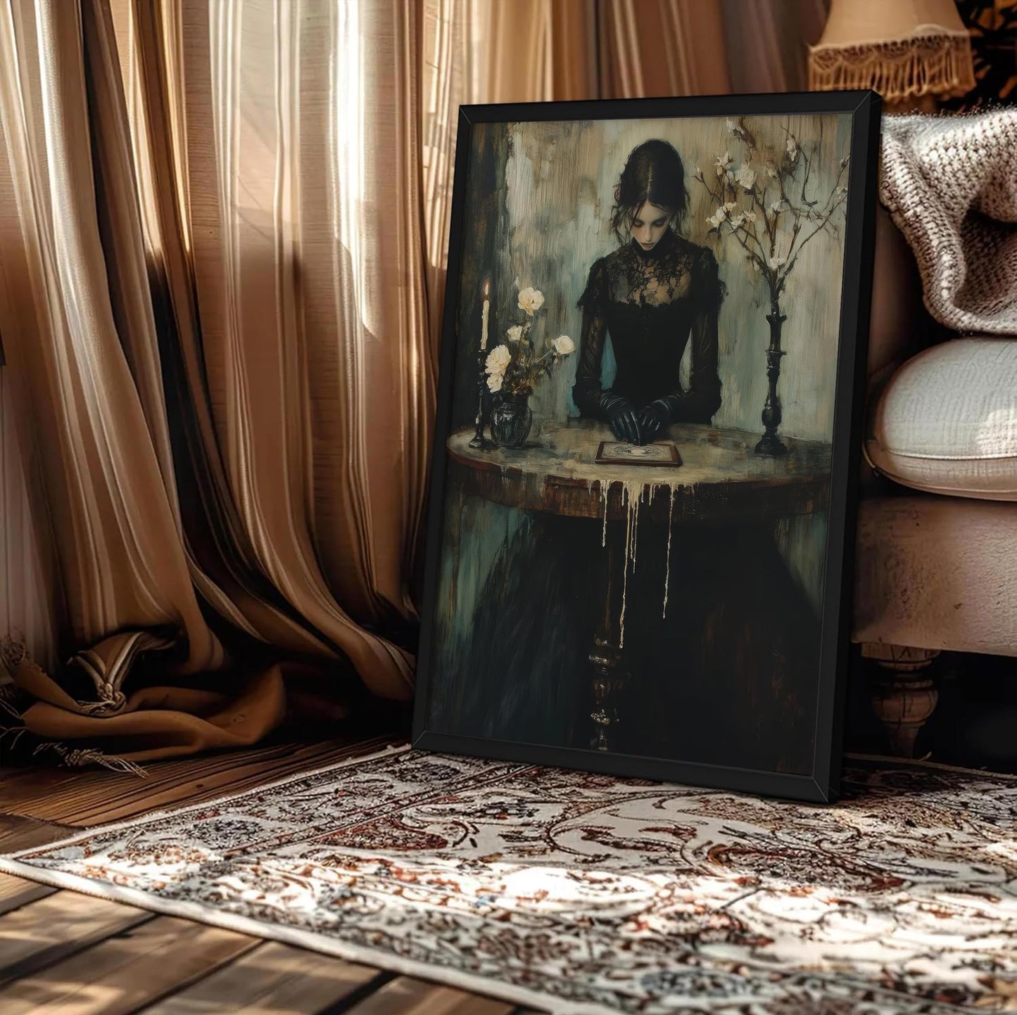 Framed Dark Academia Canvas Wall Art Gothic Victorian Woman Painting Picture Wall Decor Moody Occult Botanical Aesthetic Poster Print Artwork for Gallery Living Room Bedroom Home Decoration