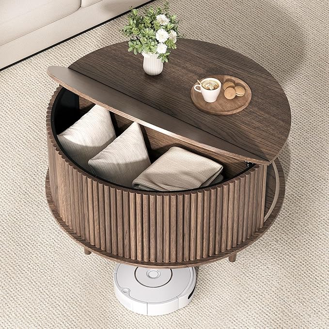 JOINICE,Round Coffee Table with Storage, 31.5" Fluted Center Table for Living Room, Modern Walnut Wood Circle Drum Table with Sliding Cabinet Door, Mid Century Furniture for Small Space