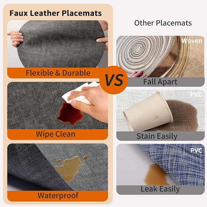 Maxpearl Round Placemats Set of 6, 13.8 inch Faux Leather Heat Resistant Table Mats, Non Slip Waterproof Wipeable Place Mats for Kitchen Dining Holiday Party Table Settings, Black