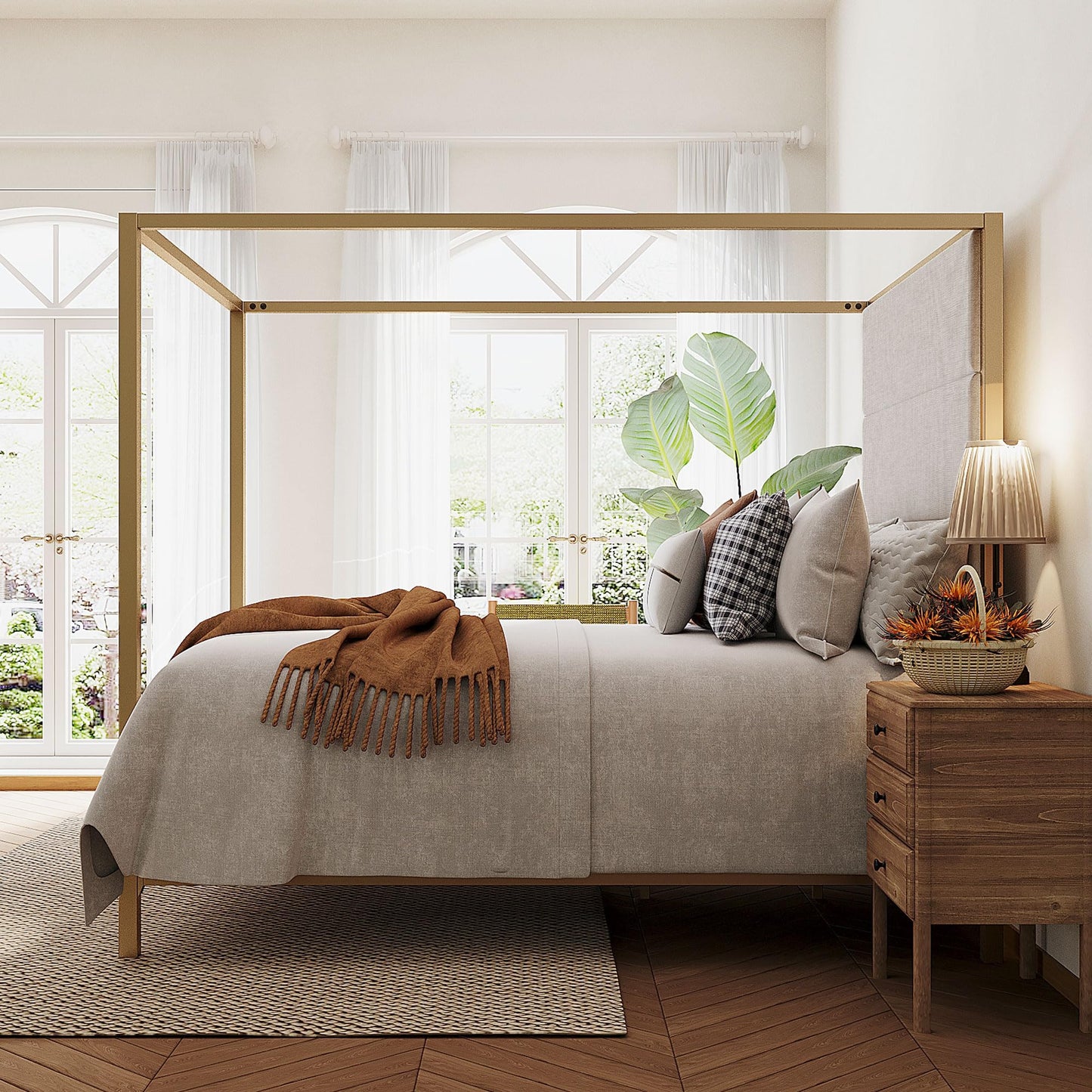 Merax Queen Size Gold Metal Canopy Bed Frame, 76.5" Tall Linen Upholstered Headboard, 4-Poster Bed with 800 lbs Capacity, Box Spring Required for Bedroom, Gold+Tan