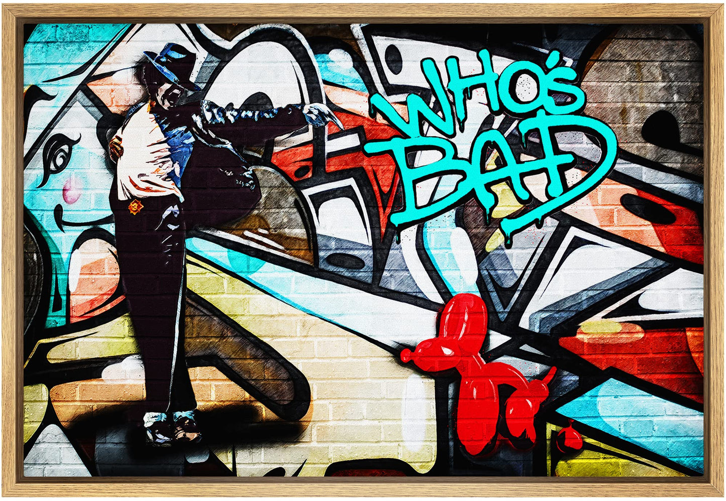 SIGNWIN Framed Canvas Wall Art Michael Jackson Who's Bad Abstract Painting Graffiti & Street Art Famous People Pop Art Modern Urban Multicolor for Living Room, Bedroom, Office - 16"x24" Natural