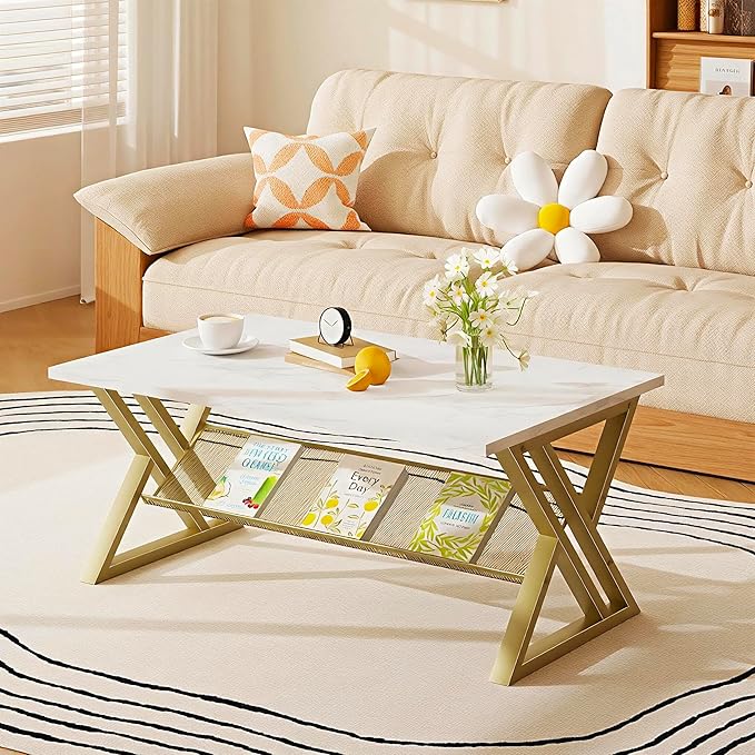 Wolawu Coffee Table Living Room Table with Storage Shelf, White Table Simple Modern Faux Marble Rectangular Tables with Sturdy Gold Metal Frame,Industrial Wooden Coffee Table for Bedroom Home Office