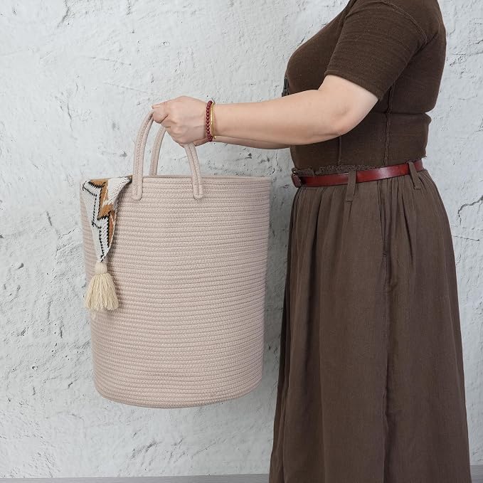 XUANGUO Cotton Rope Laundry Basket Hamper for Clothes Woven Storage Basket for Living Room Bedroom Boho Tall Rope Baskets for Blanket Toys Pillow Towels Baby Nursery Hamper Bin Konjac