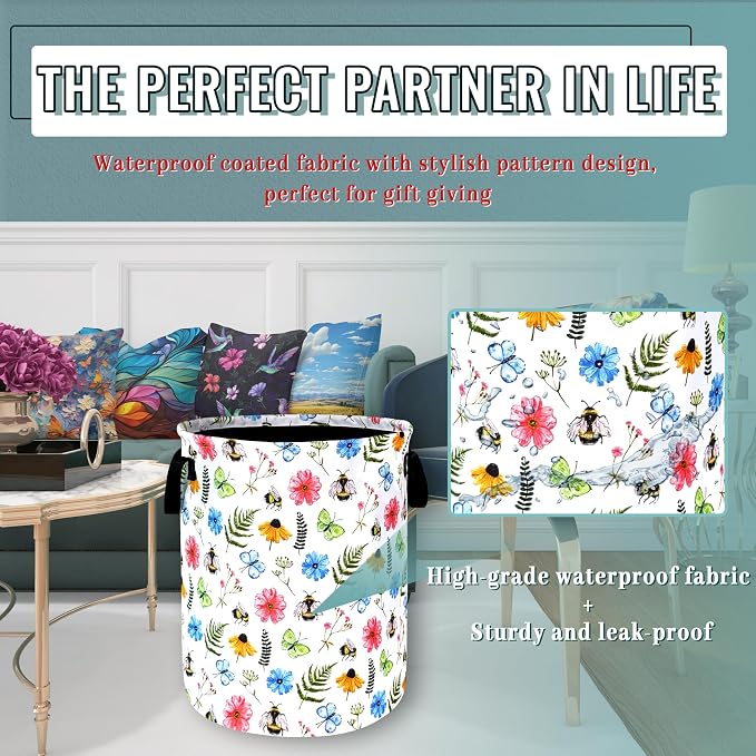 Cute Bee Floral Flowers Laundry Basket Foldable With Handles BeesTote Bag Oxford Cloth Colorful Laundry Hamper Clothes Storage Bucket Toy Organizer 18.9"x16.5" For Bathroom/Laundry/Bedroom