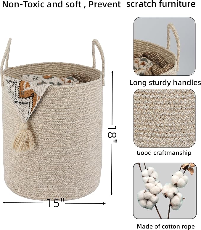 XUANGUO Cotton Rope Laundry Basket Hamper for Clothes Woven Storage Basket for Living Room Bedroom Boho Tall Rope Baskets for Blanket Toys Pillow Towels Baby Nursery Hamper Bin oatmeal