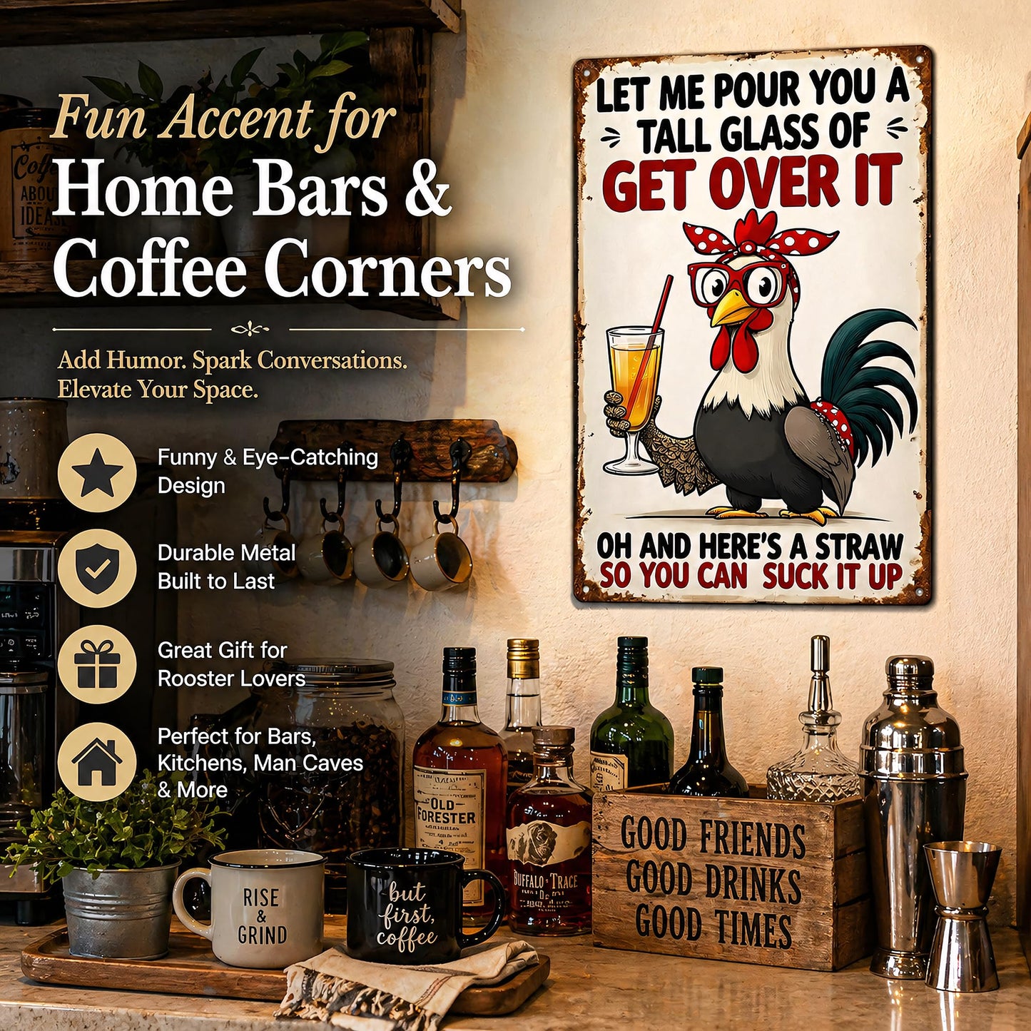 FunnySign Chicken Gifts Rooster Décor Let Me Pour You A Tall Glass Of Get Over It Rustic Tin Sign For Home Farm Chicken Coop Decor 8x12 Inch (9714)