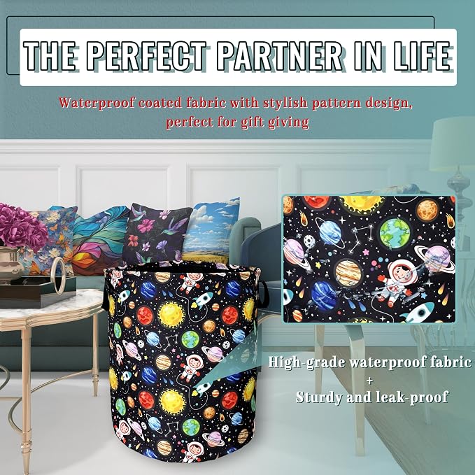 Funny Astronaut Laundry Basket Foldable With Handles Galaxy Tote Bag Oxford Cloth Colorful Planet Laundry Hamper Clothe Storage Bucket Toy Organizer 18.9"x16.5"For Bathroom/Laundry/Bedroom