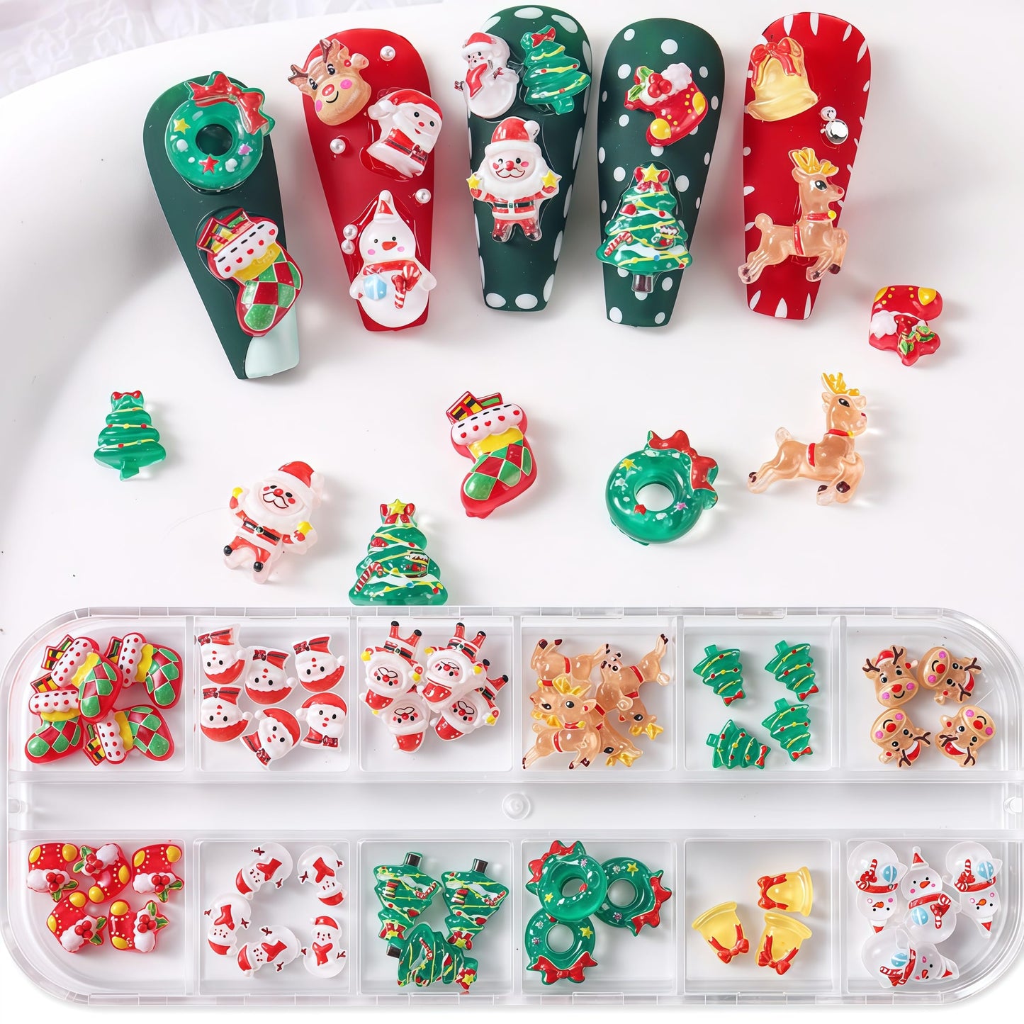 18Girds/2Boxes Christmas Nail Charms Colorful Mini Snowman Xmas Tree Nail Art Charms Reindeer Bell Nail Rhinestones 3D Resin Red Bow Heart Nail Diamond Green Half Round Beads Nail Gems for Women DIY