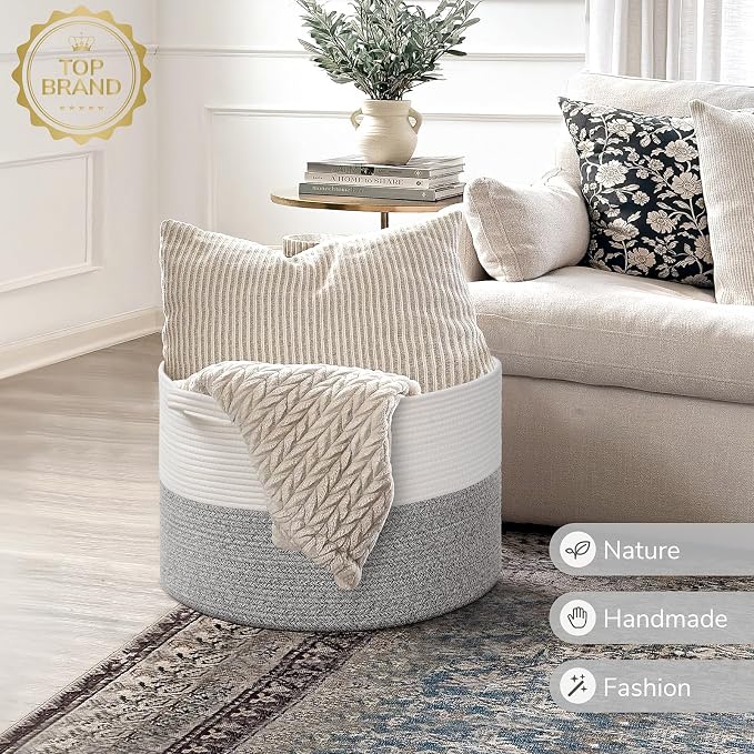 INDRESSME Large Blanket Basket, Laundry Toy Storage Baskets, Decorative Woven Basket for Living Room & Nursery, Baskets for Gifts Empty, Laundry, Dog Toys, Towels, Light Grey, 19.7" D x 12.6" H