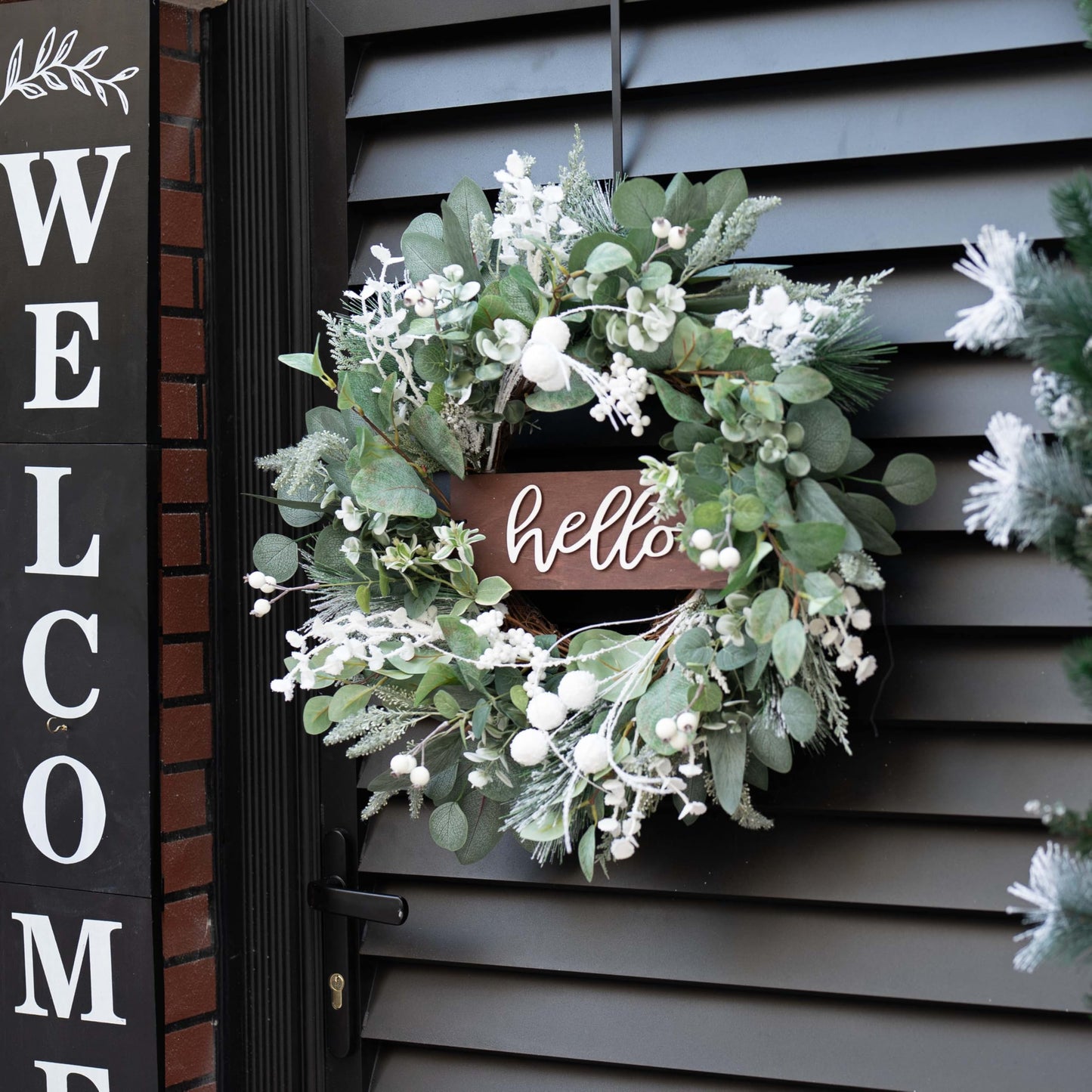 Winter Wreaths Front Door, Soomeir 24 Inch Winter Door Wreath with Snow Leaves, Pines Needles and Hello Wooden Sign for Home Window Mantle Indoor Outdoor Decor