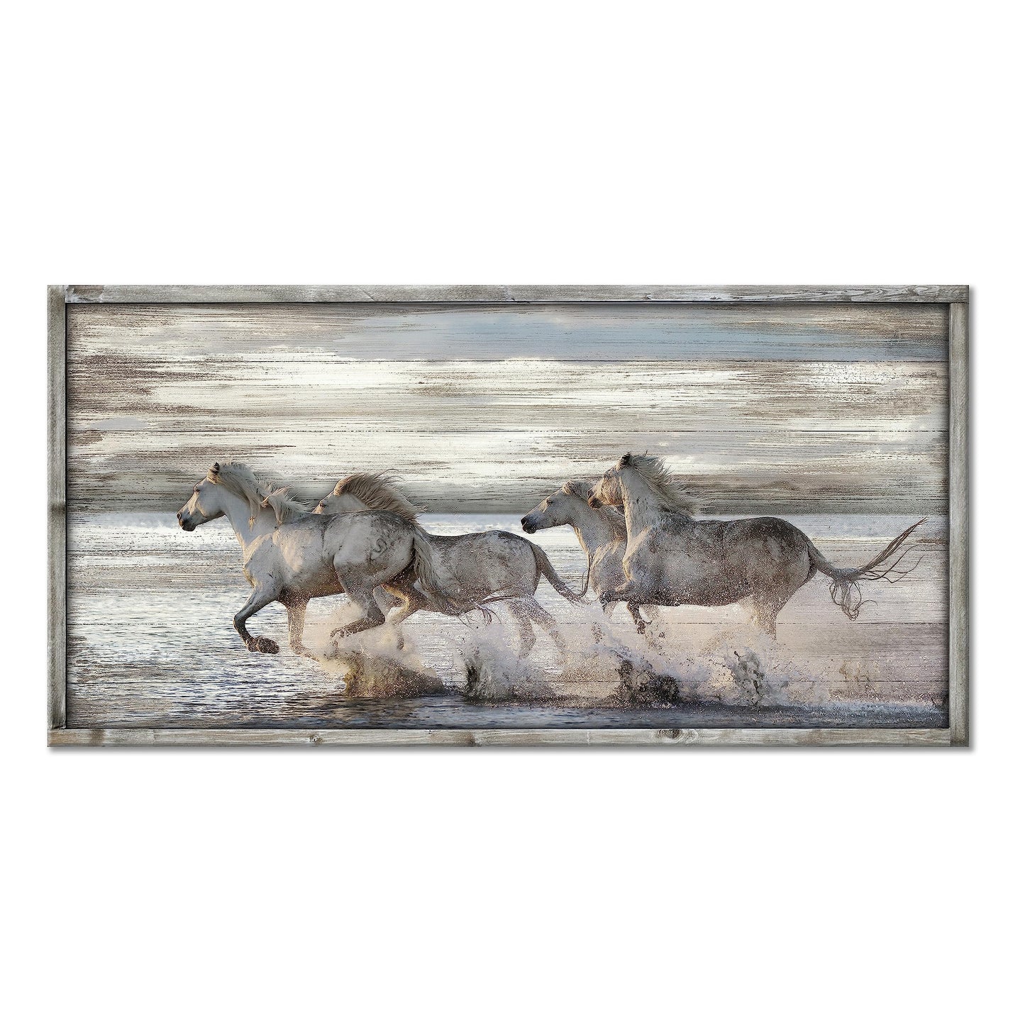 Horse Pictures Wall Art Framed: Running Animal Horses Print on Textured Natural Wood with Handcrafts Rustic Sturdy Framed Artwork for Farmhouse Decor (40'' x 20'' x 1 Panel)