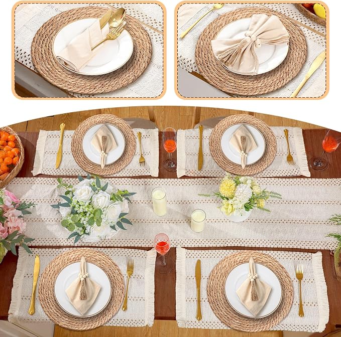 12 Sets Boho Decoration Placemats Round Woven Placemats, Cloth Napkins, Wood Bead Napkin Rings, Long Table Runner and Farmhouse Burlap Cotton for Table Kitchen (White,12x72)