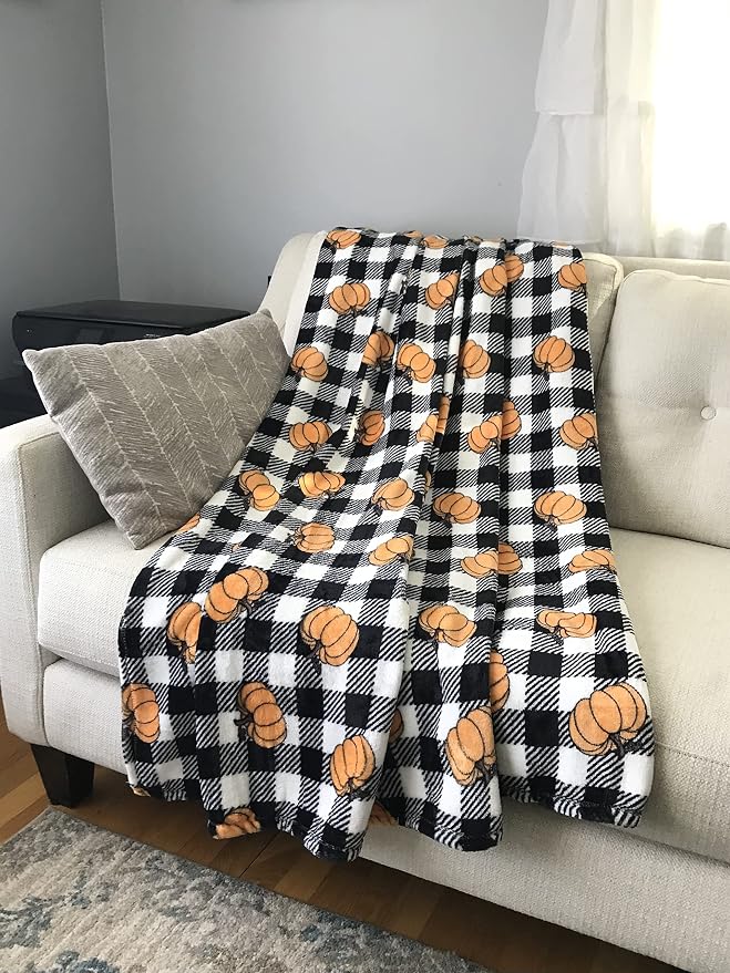 Fall Pumpkin Throw Blanket: Modern Farmhouse Country Black and White Check Plaid Extra Large 50" x 70"
