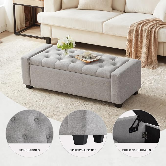 Huatean Home 48" Ottoman with Storage, Storage Ottoman Bench with Safety Hinge, Upholstered Entryway Bench with Seating for Bedroom, Living Room, Holds up to 330 lb(Light Gray)