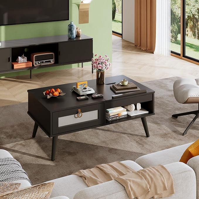 WLIVE Coffee Table, Lift Top Coffee Table with Storage Shelf, Drawer, Height Adjustable and Tilting Tabletop for Living Room, Mid Century Modern, Wood, Black