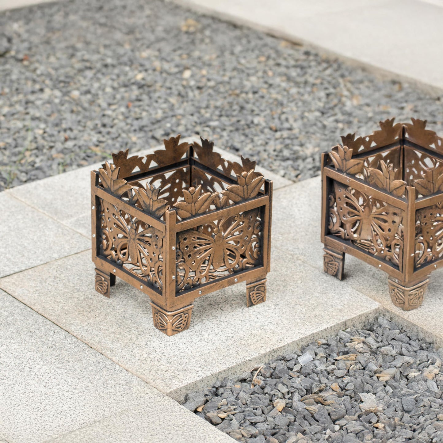 Set of 2 Outdoor Living Butterfly Square Plant Stands, Decorative Flower Planting Pots, Antique Bronze Finish, Garden Patio Decor
