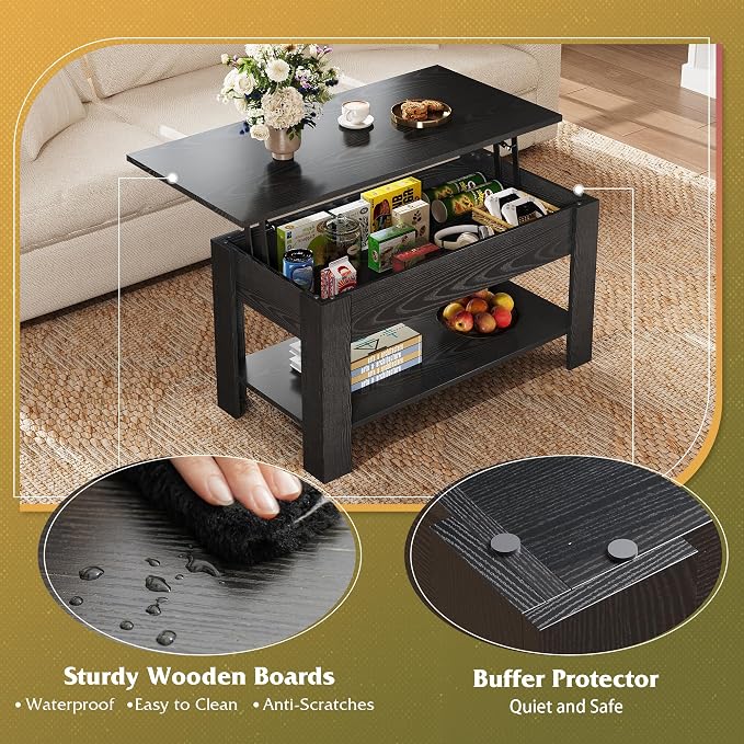 WLIVE Coffee Table, 39" Lift Top Coffee Table with Hidden Compartment, Storage Shelf and Lifting Top for Home Living Room, Office and Reception Room, Black Oak