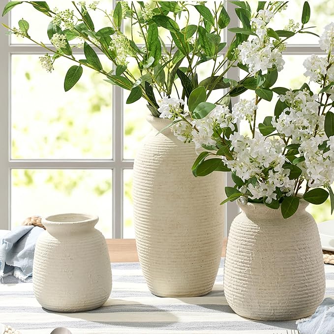 Ceramic Flower Vases Home Decor, Rustic Farmhouse Decorative Vase Pottery Wide-Mouth Vases for Home Decor Table Living Room Entryway Mantel Bookshelf Bedroom Bathroom Kitchen - 7.48" W