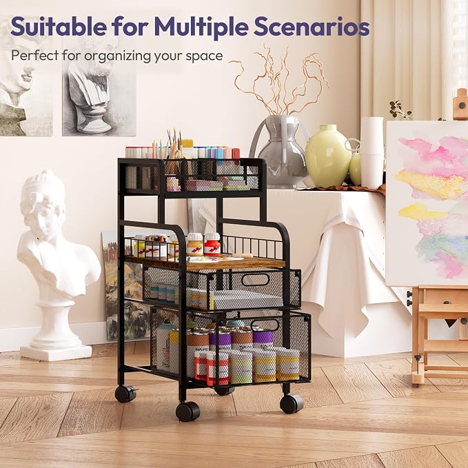 SWTYMIKI Rolling Cart with Drawers - Metal Craft Cart with Wheels, DIY Divider and Wood Shelf, Art Supply Organizer for Under Desk Storage, Utility Storage Cart for Home Office Studio, Espresso