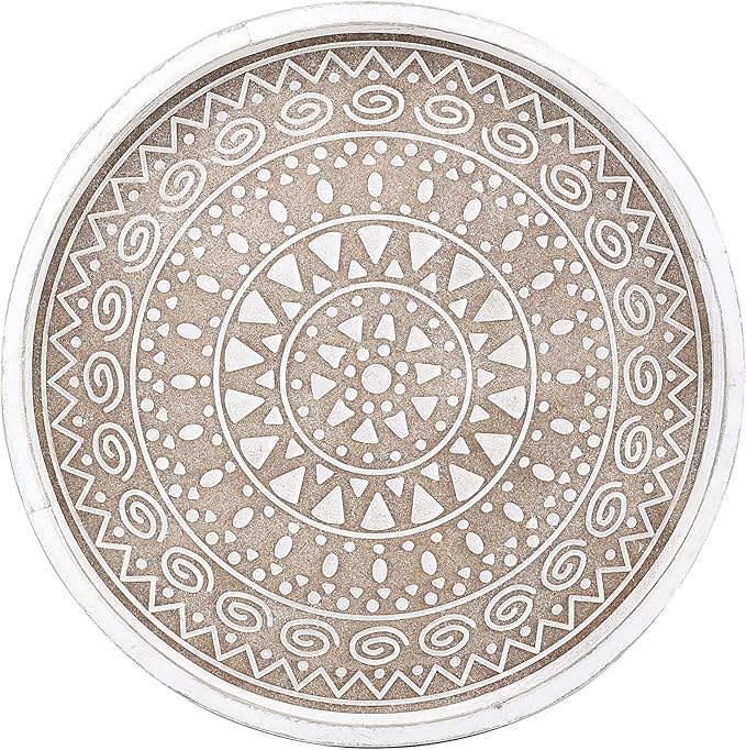 Hrastany Boho Round Wooden Decorative Tray, White Farmhouse Candles Tray for Home Decor, A Pattern
